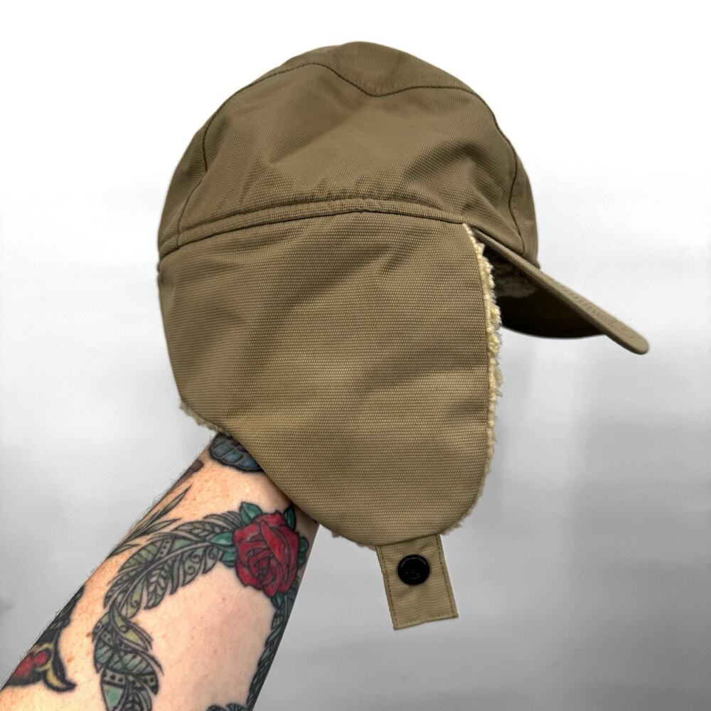 Lands End Large XL Nylon Trapper Ear Flap Hat Khaki Tan Chin Snap Straps Sherpa